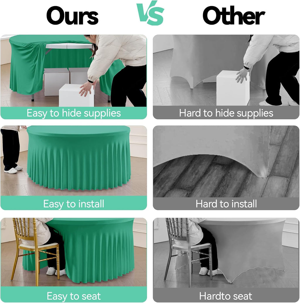 leegleri 6 Pack Emerald Spandex Round Tablecloths, Stretchy 120inch Fitted 5FT Table Cloths with Skirt for Wedding Party Dining Banquet