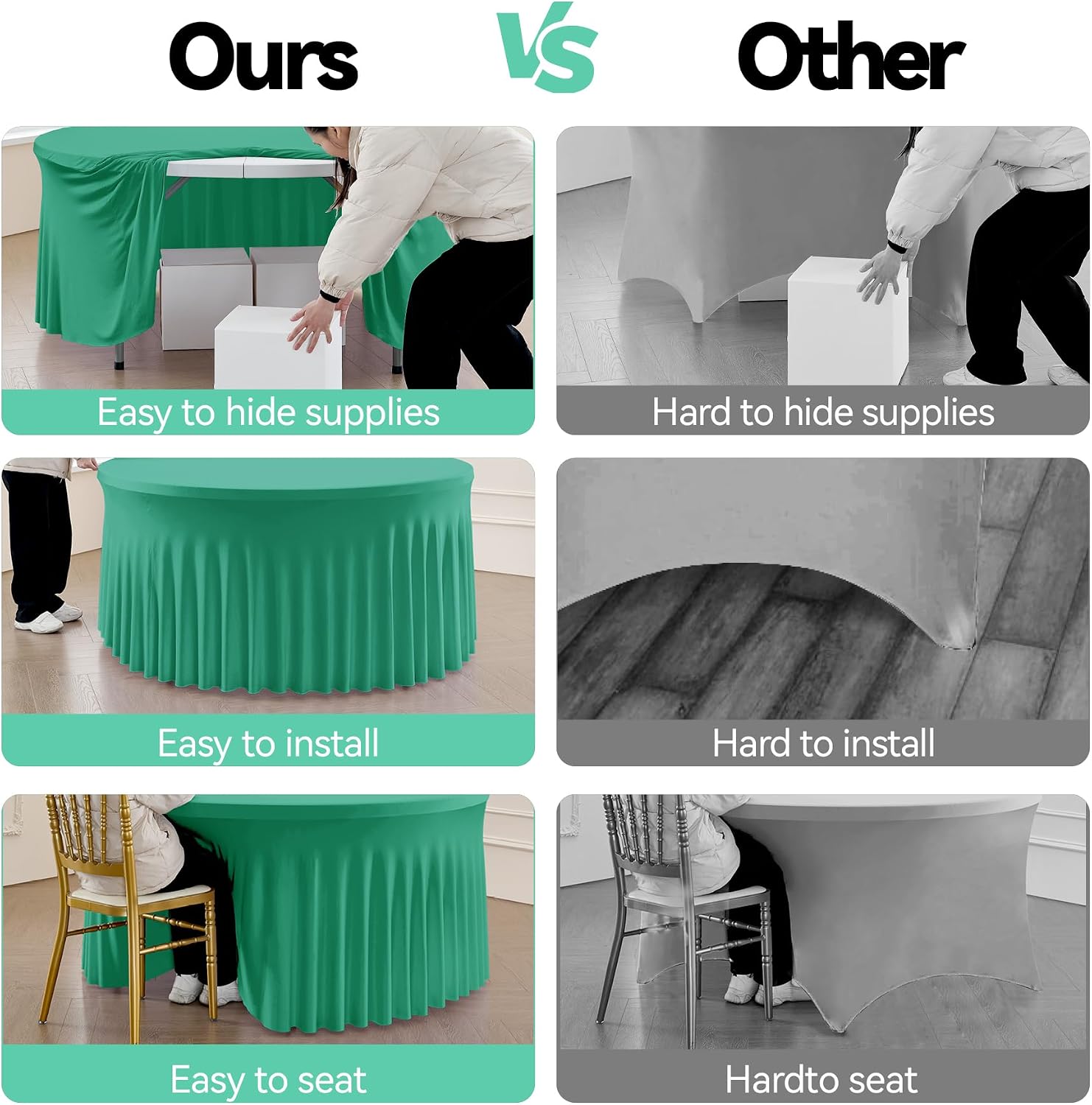 leegleri 6 Pack Emerald Spandex Round Tablecloths, Stretchy 120inch Fitted 5FT Table Cloths with Skirt for Wedding Party Dining Banquet