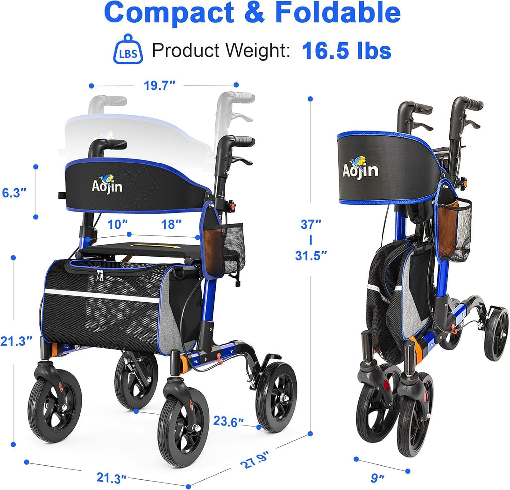 Walkers for Seniors, Rollator Walker with Seat, 350 lb Weight Capacity, 18' Big Seat, 8' All-Terrain Wheels, 6-Level Adjustable Height, Lightweight Aluminum Frame Rollator Walkers for Seniors (Blue)
