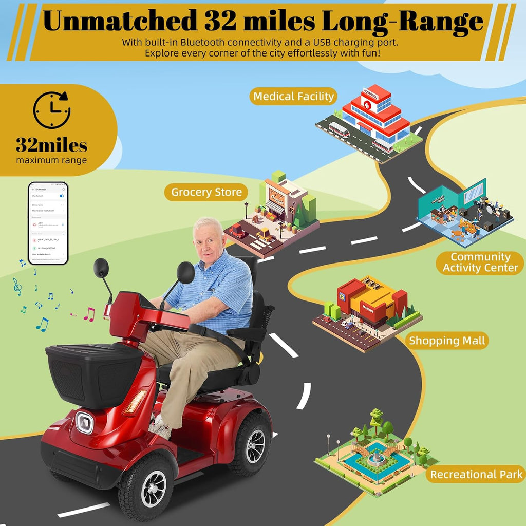 MS02 MAX All Terrain 1000W Electric Mobility Scooter for Adults& Seniors - 500LBS Load & 32 Miles Range Powerd Wheelchair Device w/Off-Road Absorber, Bluetooth Speaker, Dual Baskets, LED Light System