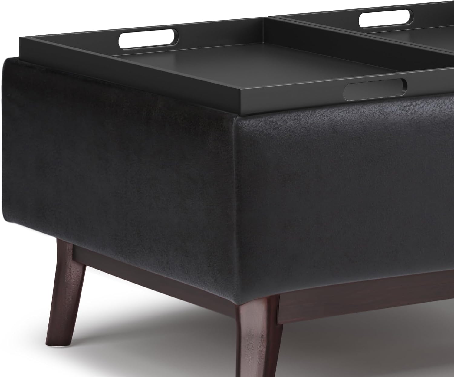 SIMPLIHOME Owen Tray Top Small Coffee Table Storage Ottoman - 34 inch Wide Upholstered Vegan Leather Rectangular Flip-Top Ottoman in Distressed Black, Mid-Century Ottoman for Living Room