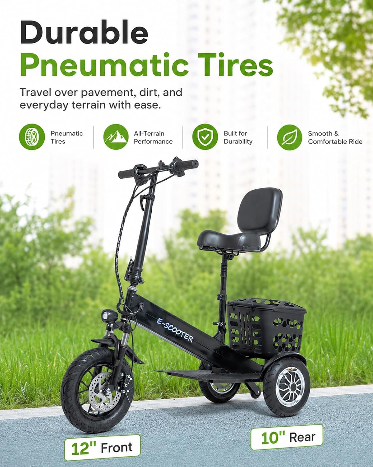 3-Wheel Mobility Scooter for Seniors & Adults, 500W Motor, Long Range | LED Headlight & Removable Basket Adjustable Seat & Handlebar Mobility Device Supports up to 330 lbs