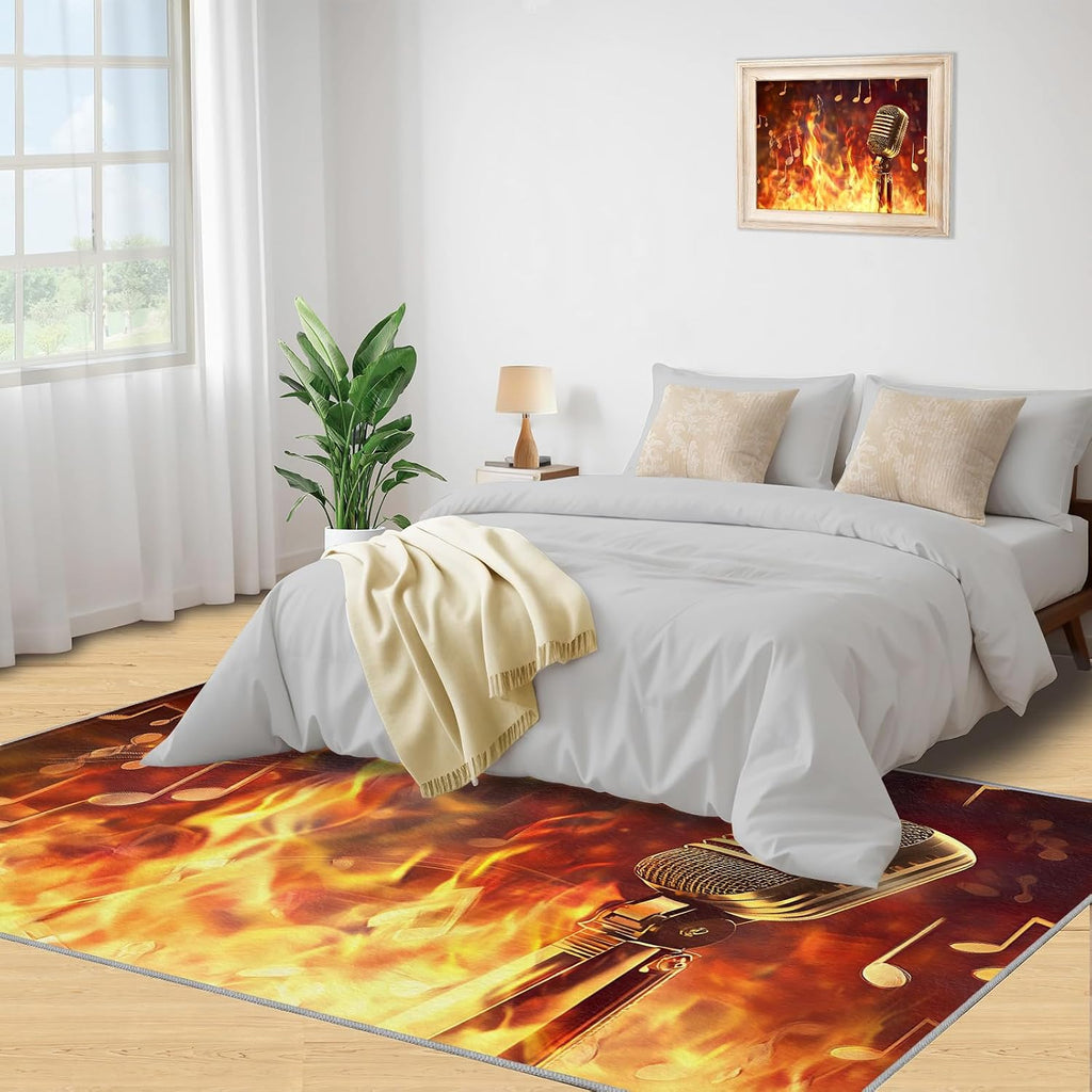 Microphone Rug Large - 5x7 Rug, Flame Area Rugs for Living Room, Passion Music Washable Carpet for Bedroom, Musical Note Rugs, Boys Room Carpet - Microphone Home Decor & Gift