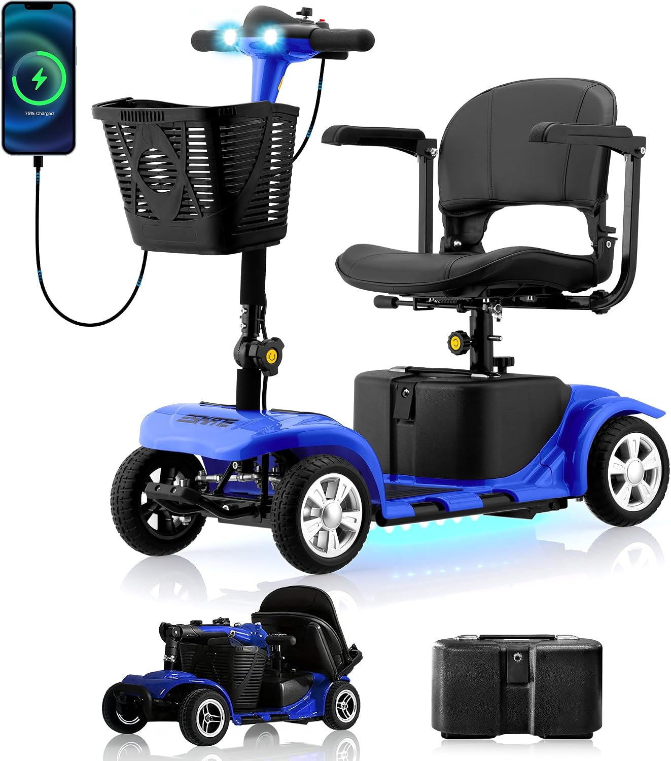 Mobility Scooters for Senior Adults, 15 Mile Electric Mobility Scooter with Detachable Battery, 4 Wheels Foldable Mobility Scooter with LED Headlights and USB Charging Port, 300 lbs Capacity (Blue)