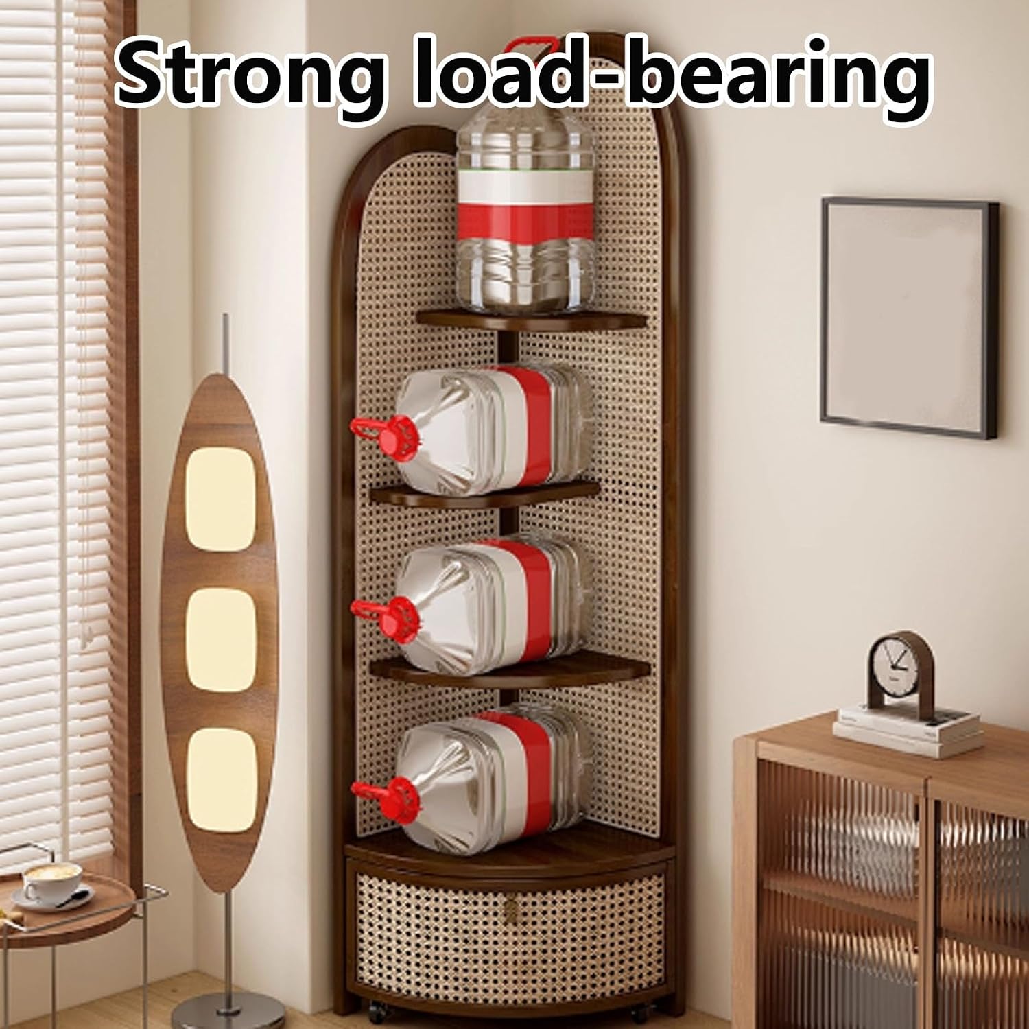 5-Tier Corner Shelf, Multi-Functional Rattan Triangle Bookshelf with Storage Basket, Solid Wood Floor Standing Cabinet for Living Room, Bedroom, Office(Black)