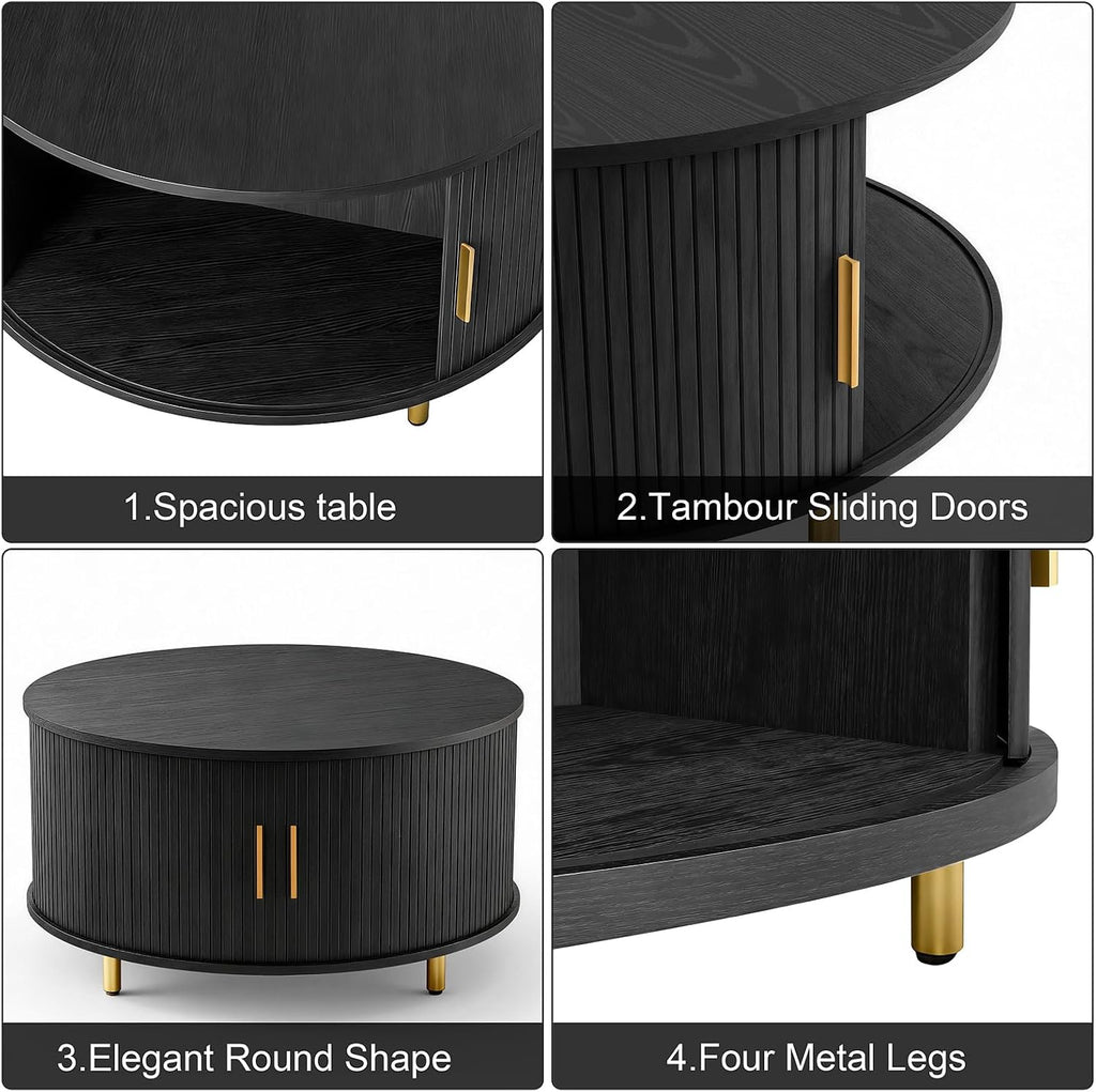 DHH Round Coffee Table, 31.5' Mid Century Modern Coffee Table with 360° Sliding Tambour Door, Fluted Accent Coffee Table with Storage Adjustable Footpads for Living Room, Black