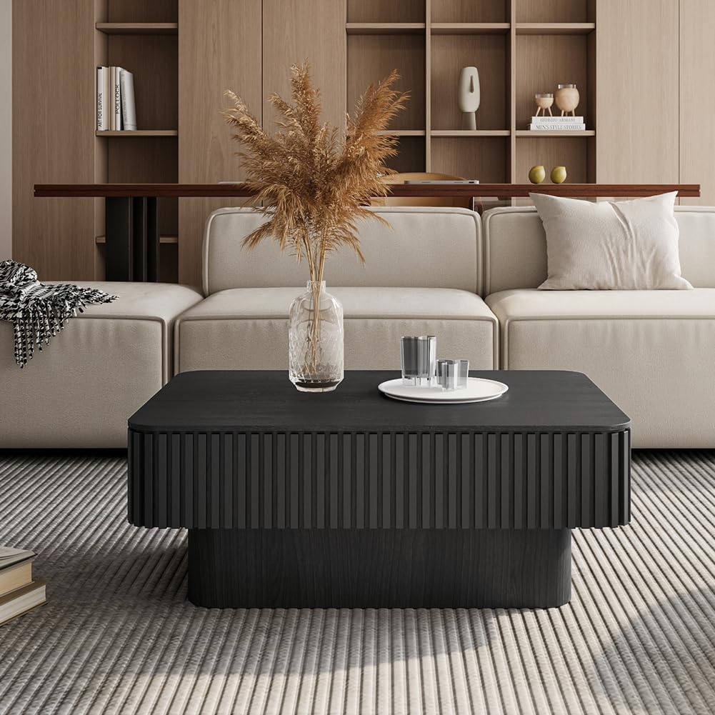 Rectangle Coffee Table with Lifting Top for Living Room Modern Coffee Table with Storage Smart Coffee Tables Lift Up Coffee Tables for Eat Fluted Pedestal Center Tables Apartment 38.6' Black