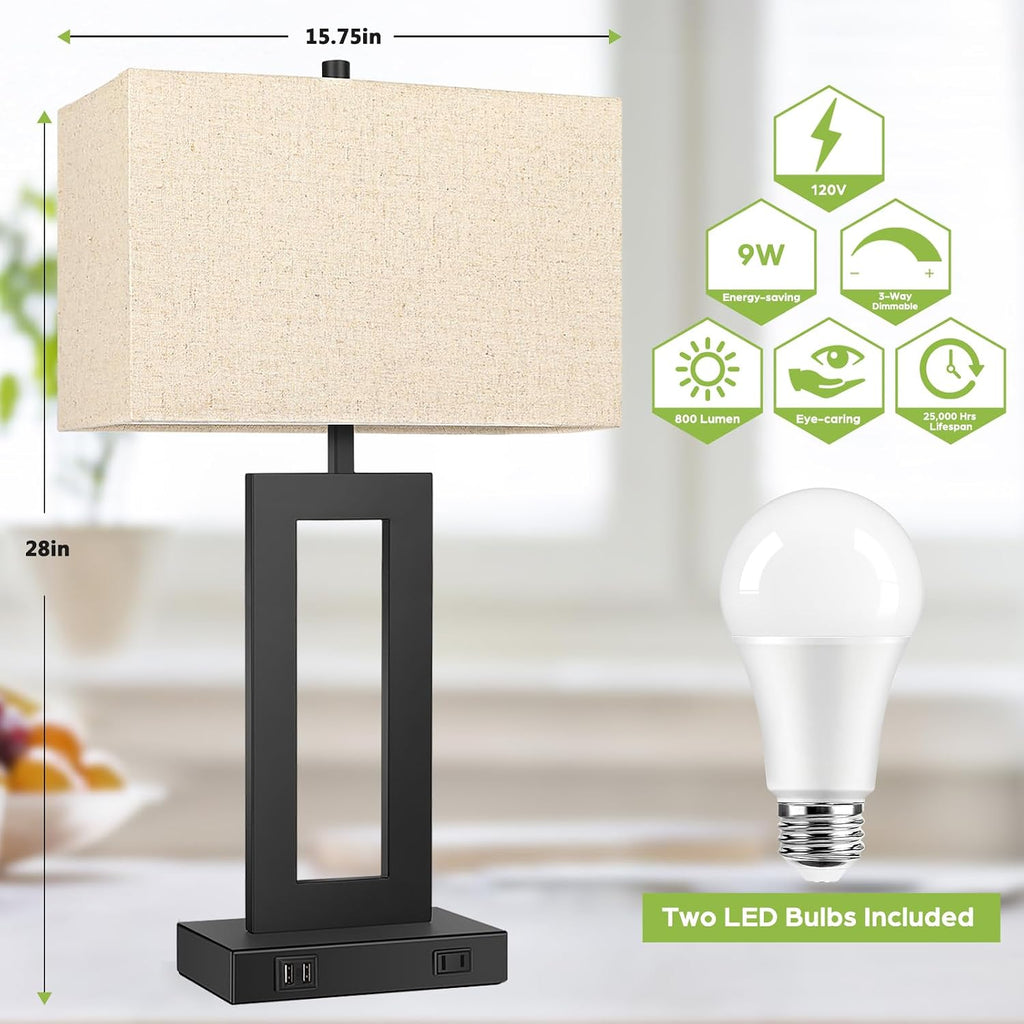 TOBUSA 28'' Tall Lamps for Living Rooms Set of 2, Modern Black Touch Control Table Lamps for Bedroom, 3 Way Dimmable Bedside Lamps with 2 USB Ports&AC Outlet, High-end Decor Lamp for Home Office