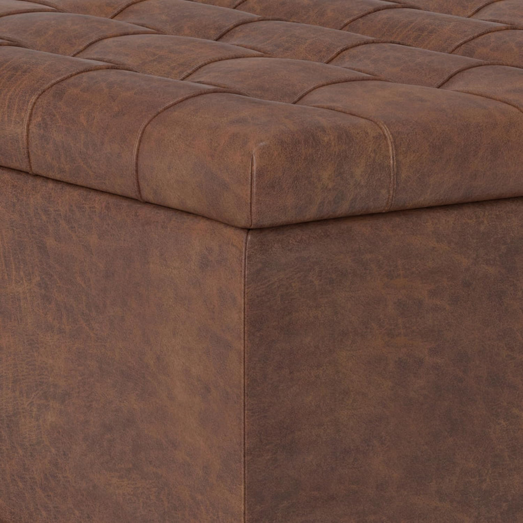SIMPLIHOME Harrison Small Coffee Table Storage Ottoman - 30 inch Wide Upholstered Vegan Leather Square Lift-Top Ottoman in Distressed Saddle Brown, Transitional Ottoman for Living Room with Storage