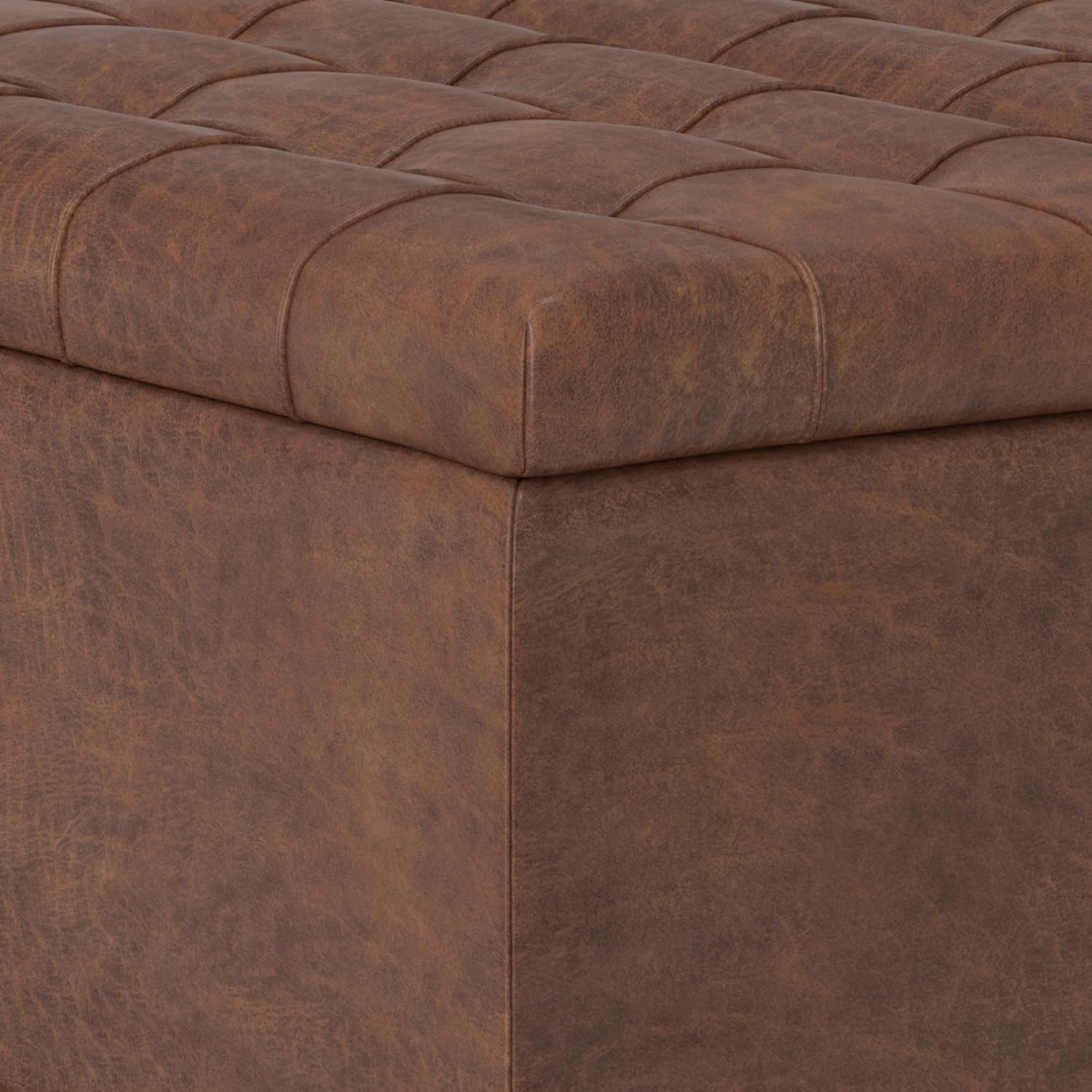 SIMPLIHOME Harrison Small Coffee Table Storage Ottoman - 30 inch Wide Upholstered Vegan Leather Square Lift-Top Ottoman in Distressed Saddle Brown, Transitional Ottoman for Living Room with Storage