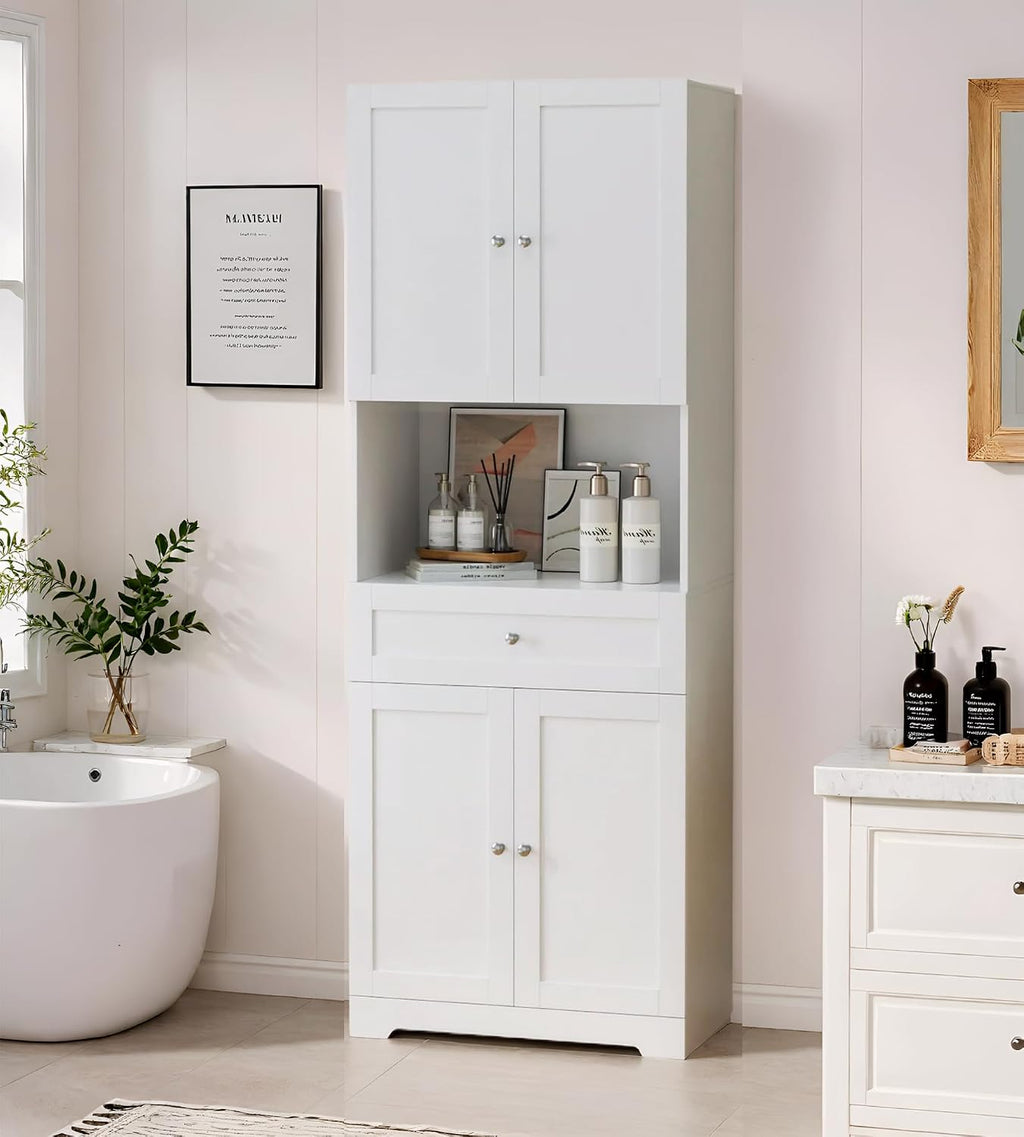 Tall Bathroom Storage Cabinets with Drawer, Modern Linen Cabinet with Doors & Shelves, 67'H Tall Storage Cabinet Freestanding for Bathroom, Dining Room, Kitchen & Pantry, Laundry, Narrow Corner, White