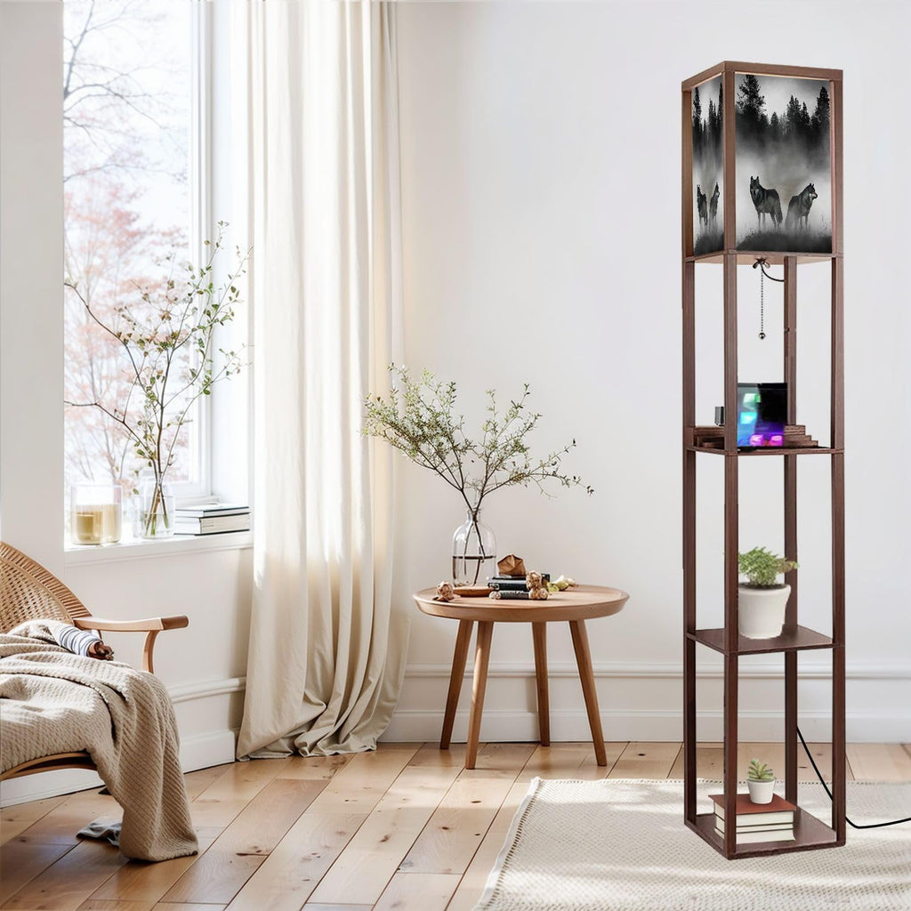 Floor Lamp with Shelves 3D Render Timber Wolfs Standing Tall Lamp USB Ports & Power Outlet Modern Corner Lamp Nightstand Light for Living Room Bedroom