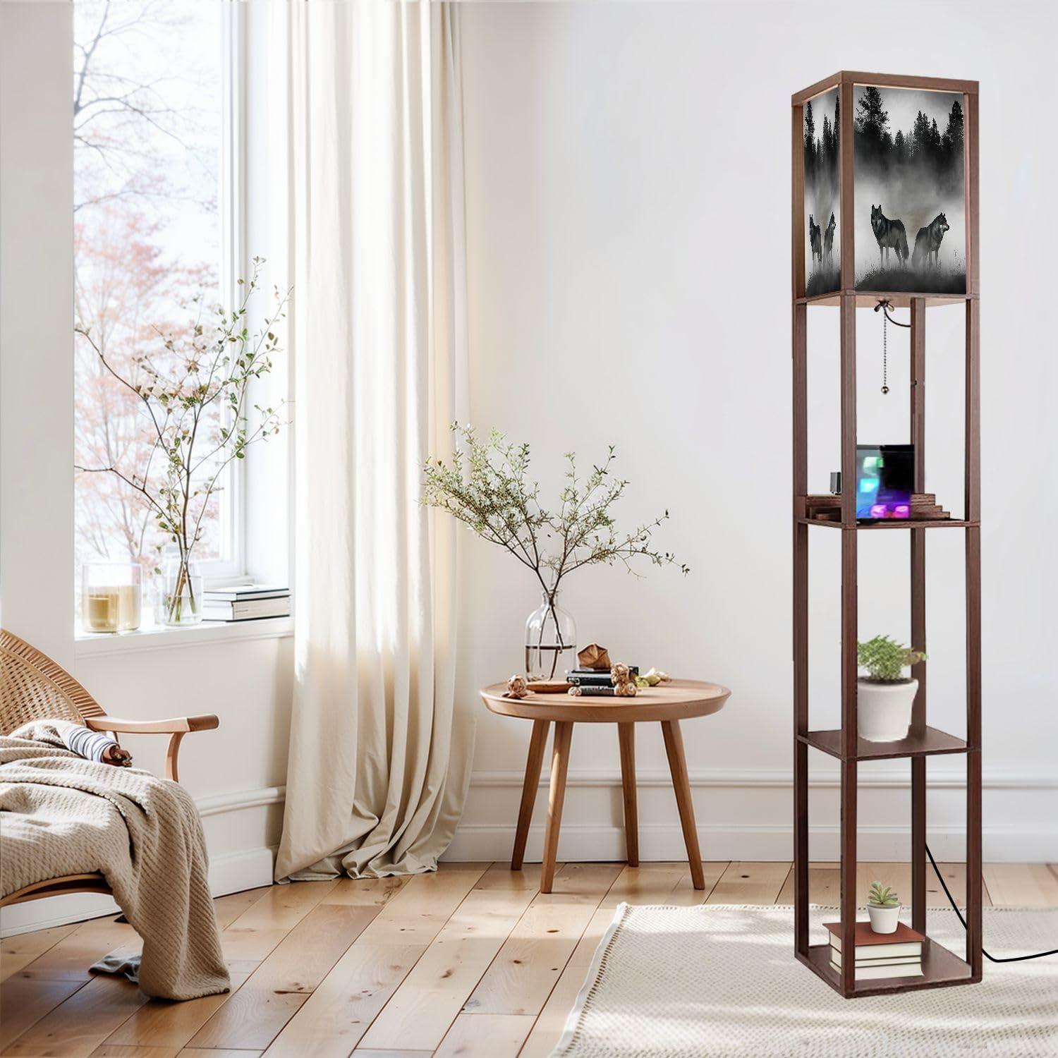 Floor Lamp with Shelves 3D Render Timber Wolfs Standing Tall Lamp USB Ports & Power Outlet Modern Corner Lamp Nightstand Light for Living Room Bedroom
