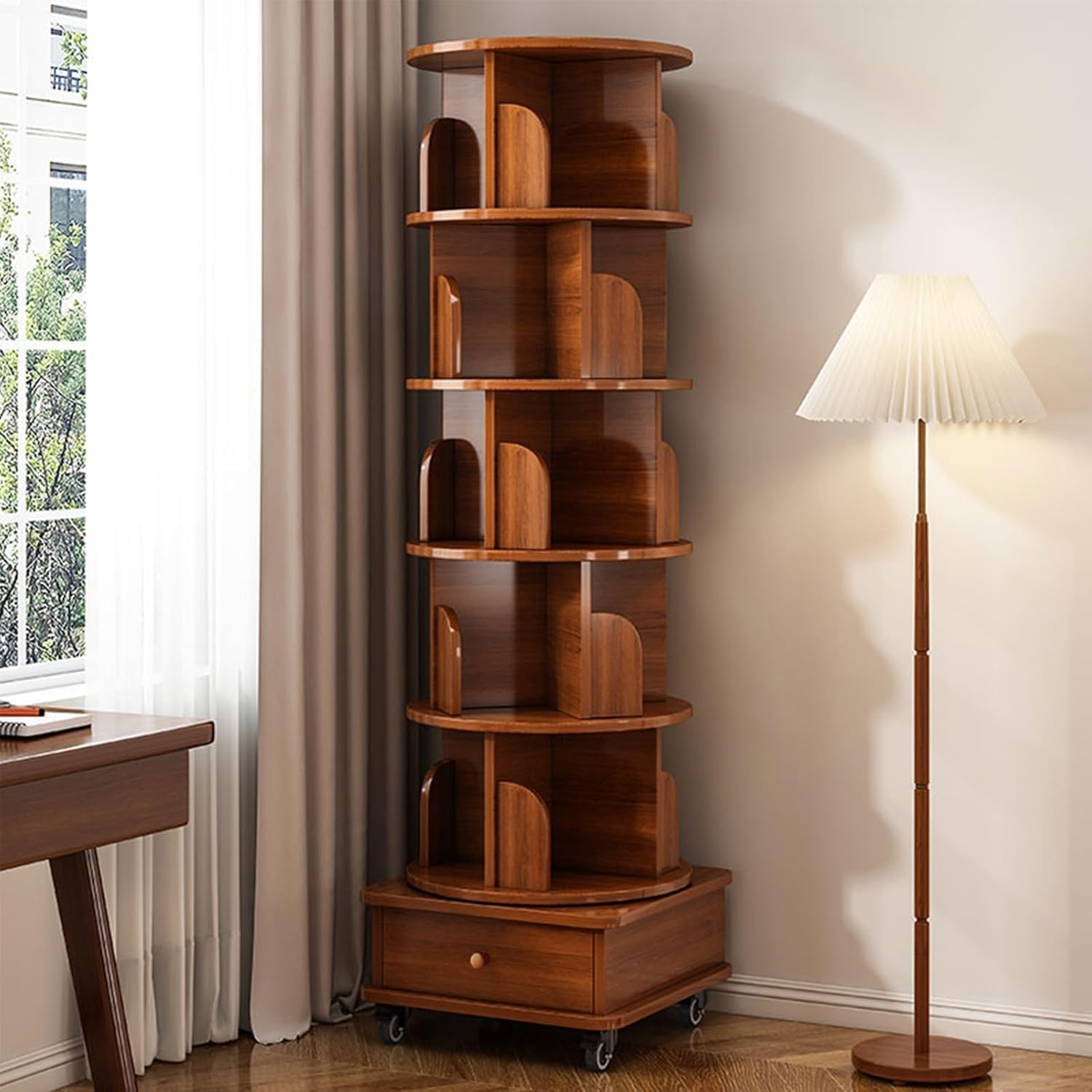 KEIKI 6 Tie Rotating Bookshelf with Drawers On Wheel, Corner Bookcase Display Shelf, 360 Display Corner Bookshelf for Bedroom, Living Room, Study Room, Walnut Brown