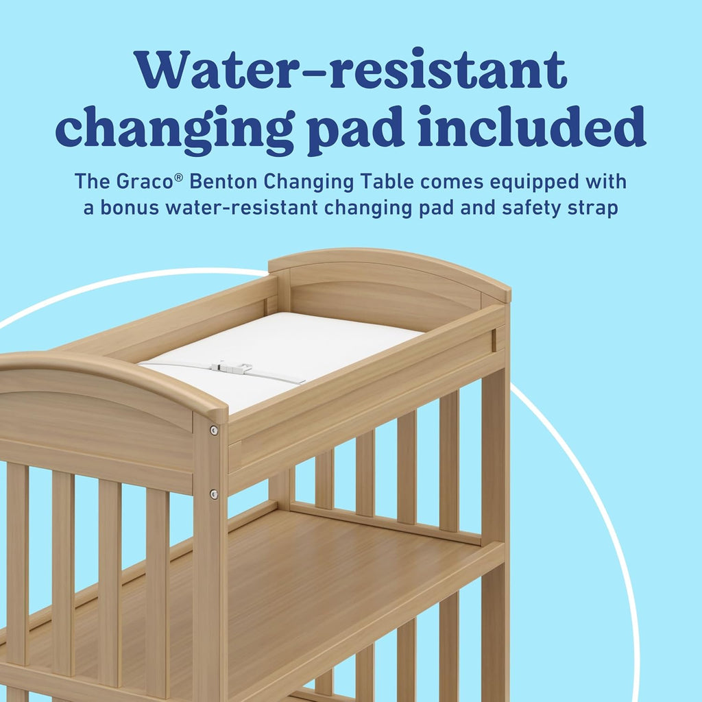 Graco Benton Changing Table with Bonus Water-Resistant Changing Pad (Driftwood) - GREENGUARD Gold Certified, Includes Diaper Change Pad with Safety Strap, 2 Open Storage Shelves for Organizing