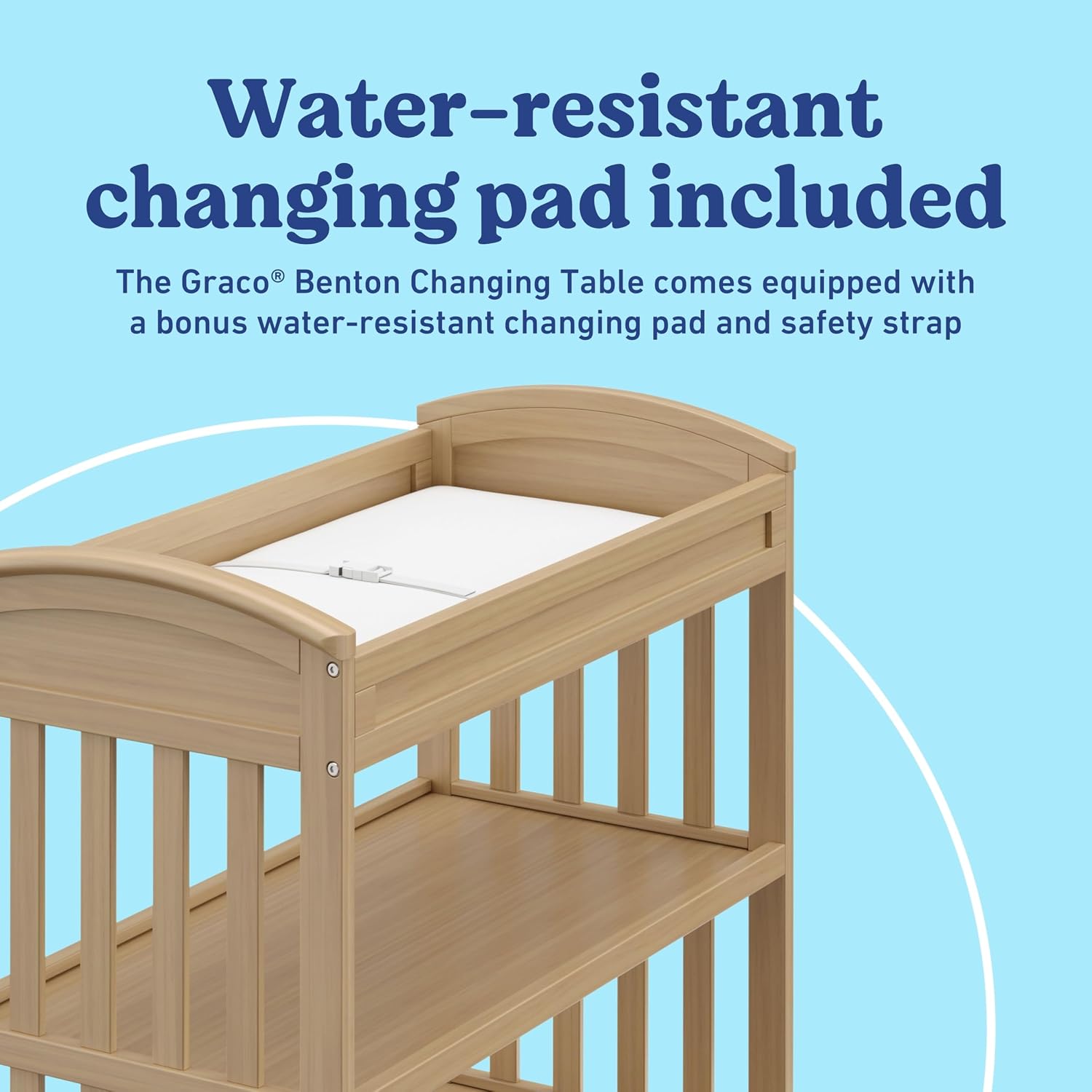 Graco Benton Changing Table with Bonus Water-Resistant Changing Pad (Driftwood) - GREENGUARD Gold Certified, Includes Diaper Change Pad with Safety Strap, 2 Open Storage Shelves for Organizing