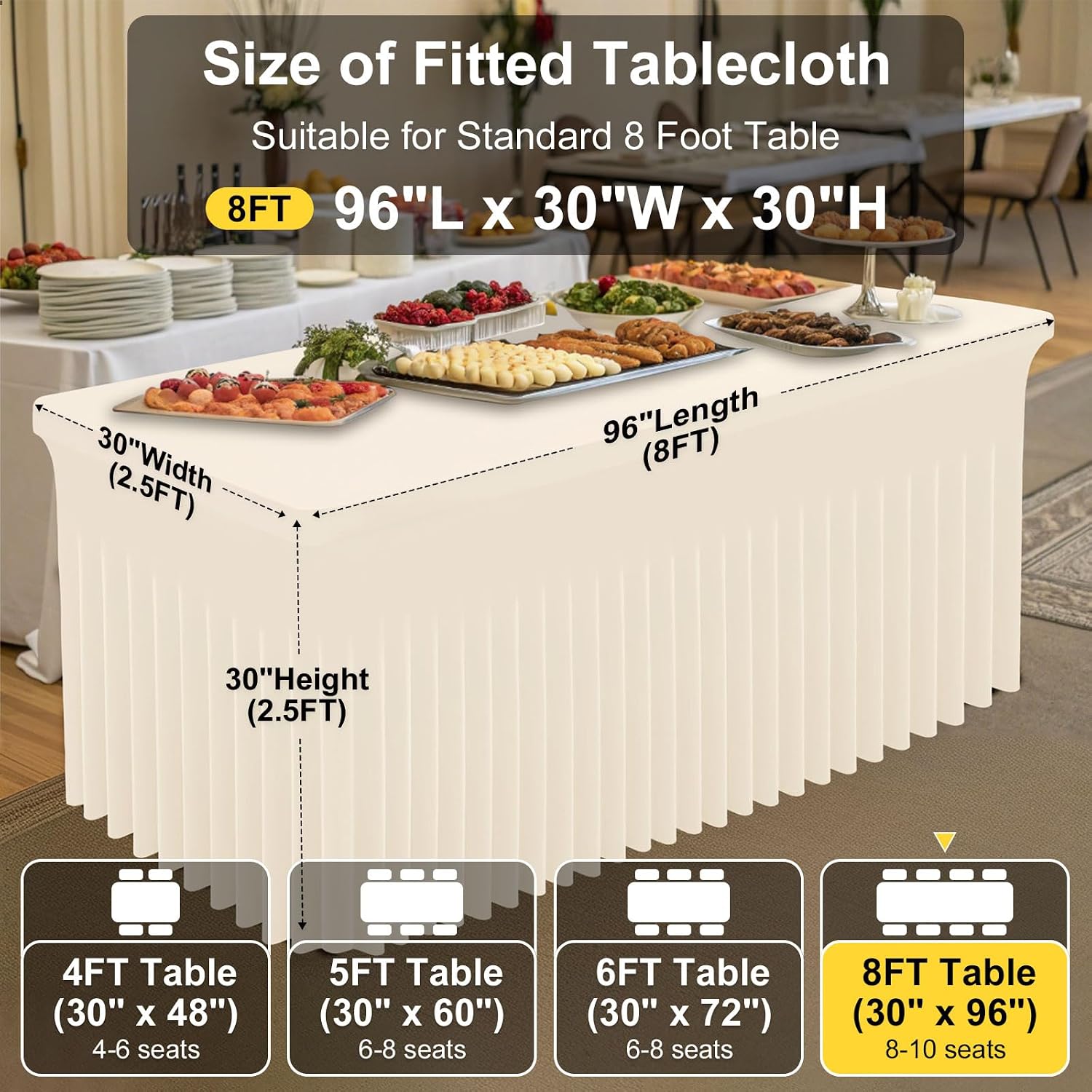 Smiry Spandex Tablecloth 6 Pack, Elastic Fitted Stretch Tablecloth for 8FT Rectangle Tables, Waterproof Washable Table Cover Skirt for Wedding, Banquet & Parties (Beige, 96Lx30Wx30H Inch)