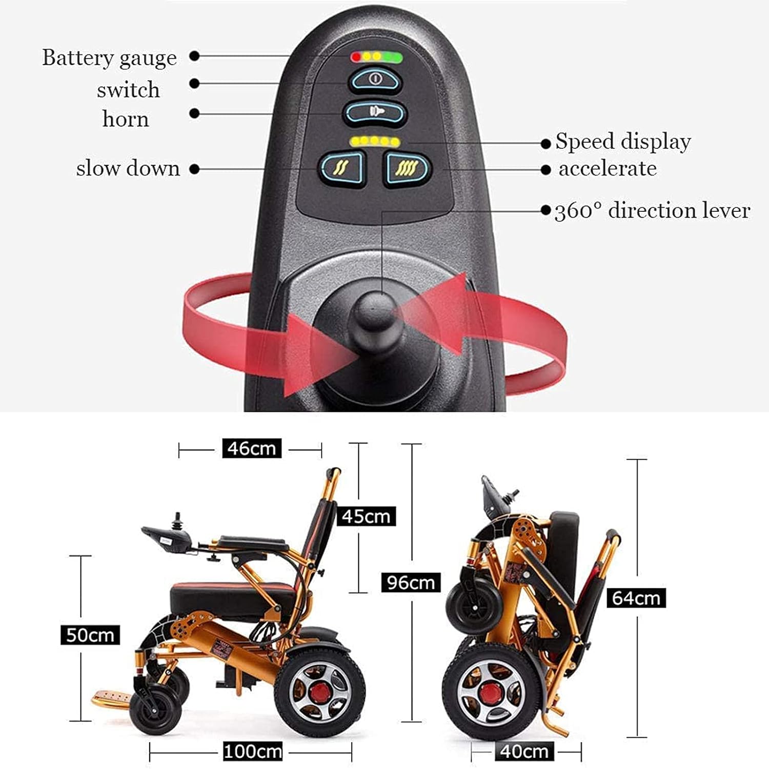 Folding Electric Wheelchairs, Lightweight All-Terrain Electric Wheelchair Scooter Dual-Motor Electric Chair 12A 15Km Aluminum Lithium Battery, Suitable for All Ages with Disabilities