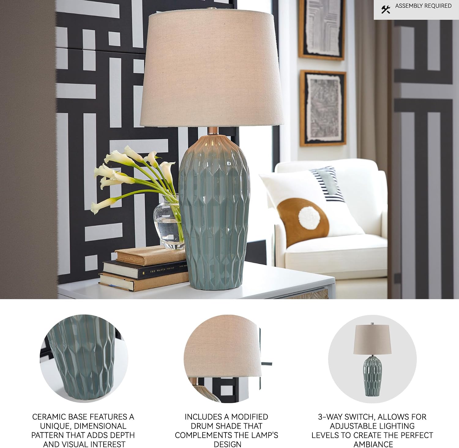 Signature Design by Ashley Hadbury Contemporary Ceramic Table Lamp Set with 3-Way Switch, Set of 2, Light Green & Beige