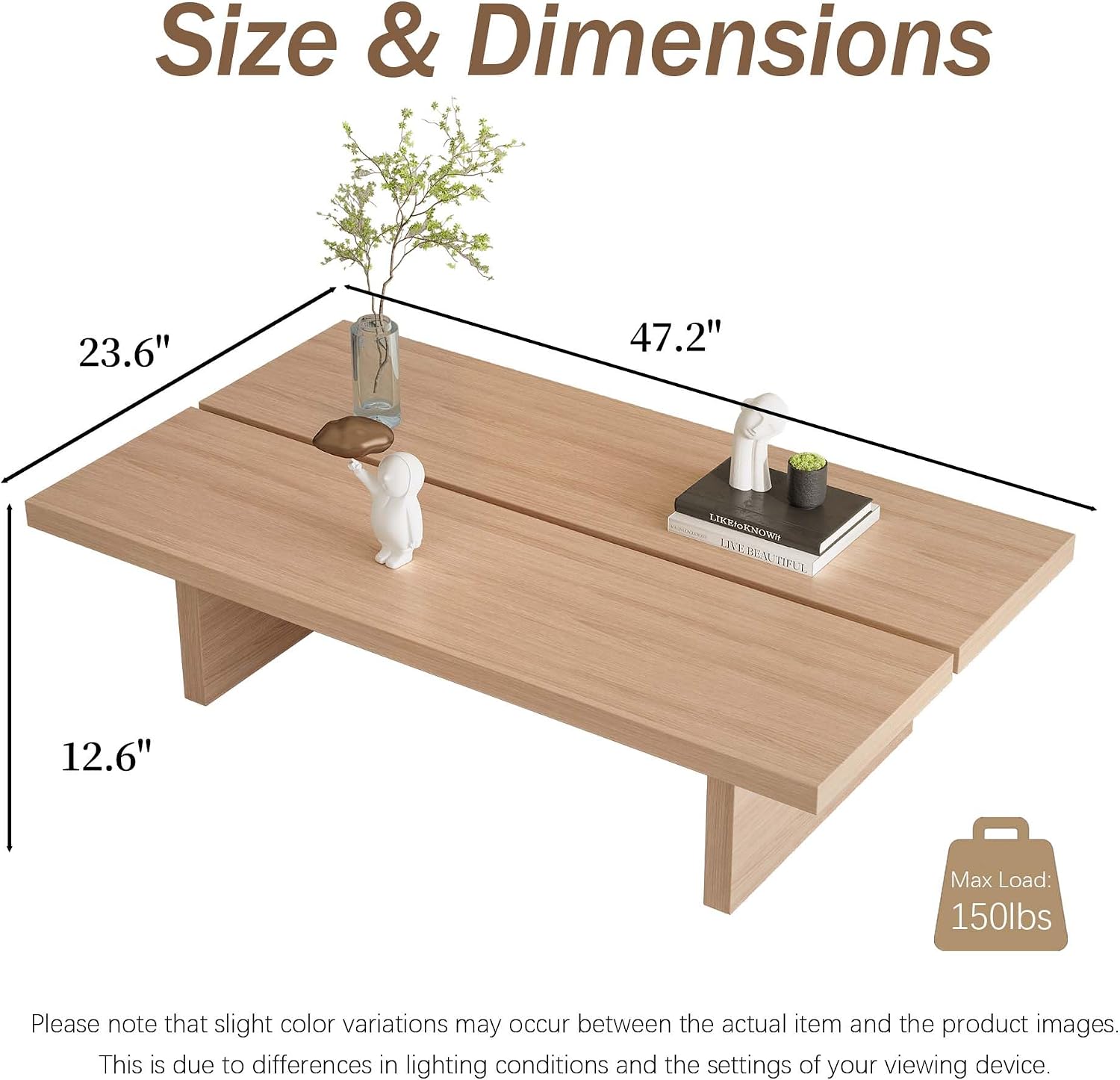 47' Rectangle Wood Coffee Table for Living Room - Minimalist Modern Coffee Tables for Living Room, Japanese Tea Table, Low Profile Center Table for Home & Office (Natural Wood Color)