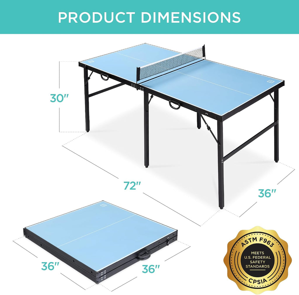 Best Choice Products Portable Ping Pong Table, Mid-Size Folding Indoor Outdoor Table Tennis w/ 2 Paddles, 4 Balls Included, Carrying Bag
