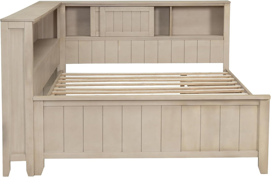 Full Size Daybed with Storage Shelves and 3 Drawers, Antique White Milk, Solid Wood + MDF, Farmhouse Corner Daybed Frame with Storage for Living Room, Bedroom, Guest Room
