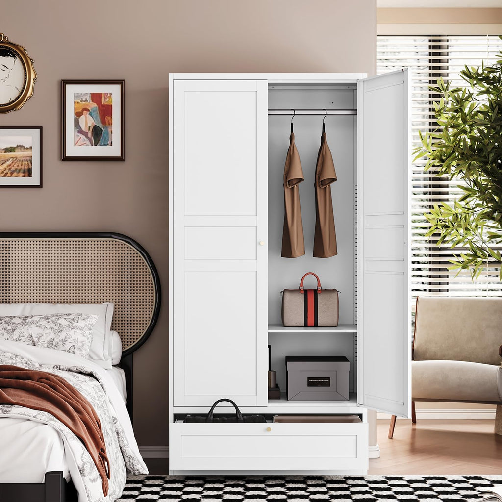 Letaya Wardrobe Closet,72' H Clothing Metal Storage Cabinet with Storage Drawer Adjustable Shelves and Hanging Rod,Bedroom Armoire Cabinet Clothes Organizer (White)