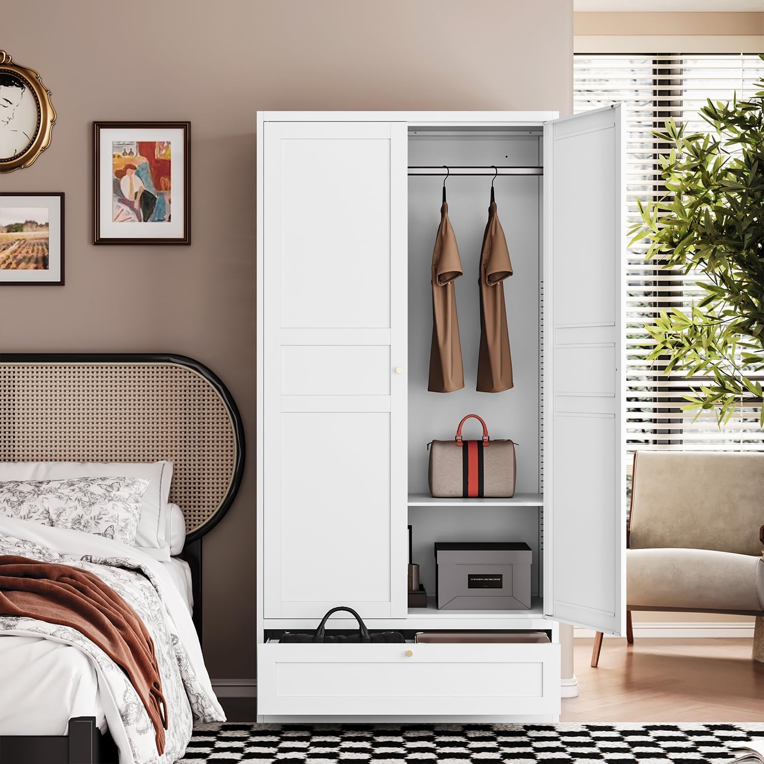 Letaya Wardrobe Closet,72' H Clothing Metal Storage Cabinet with Storage Drawer Adjustable Shelves and Hanging Rod,Bedroom Armoire Cabinet Clothes Organizer (White)