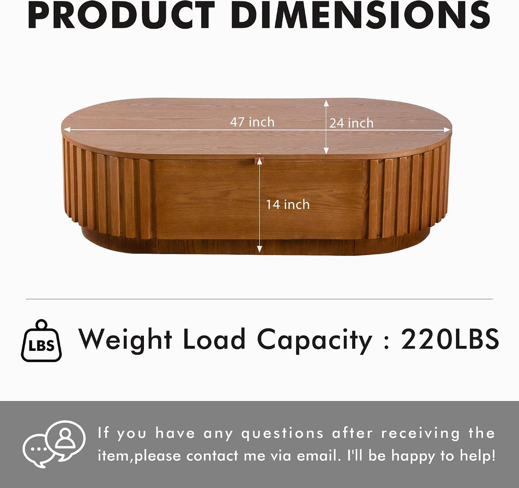 Flip Top Oval Coffee Table with Compartment Storage, 47'' Mid Century Modern Coffee Table for Living Room, Fluted Center Table Tea Table with Soft Handle for Small Space Office Apartment