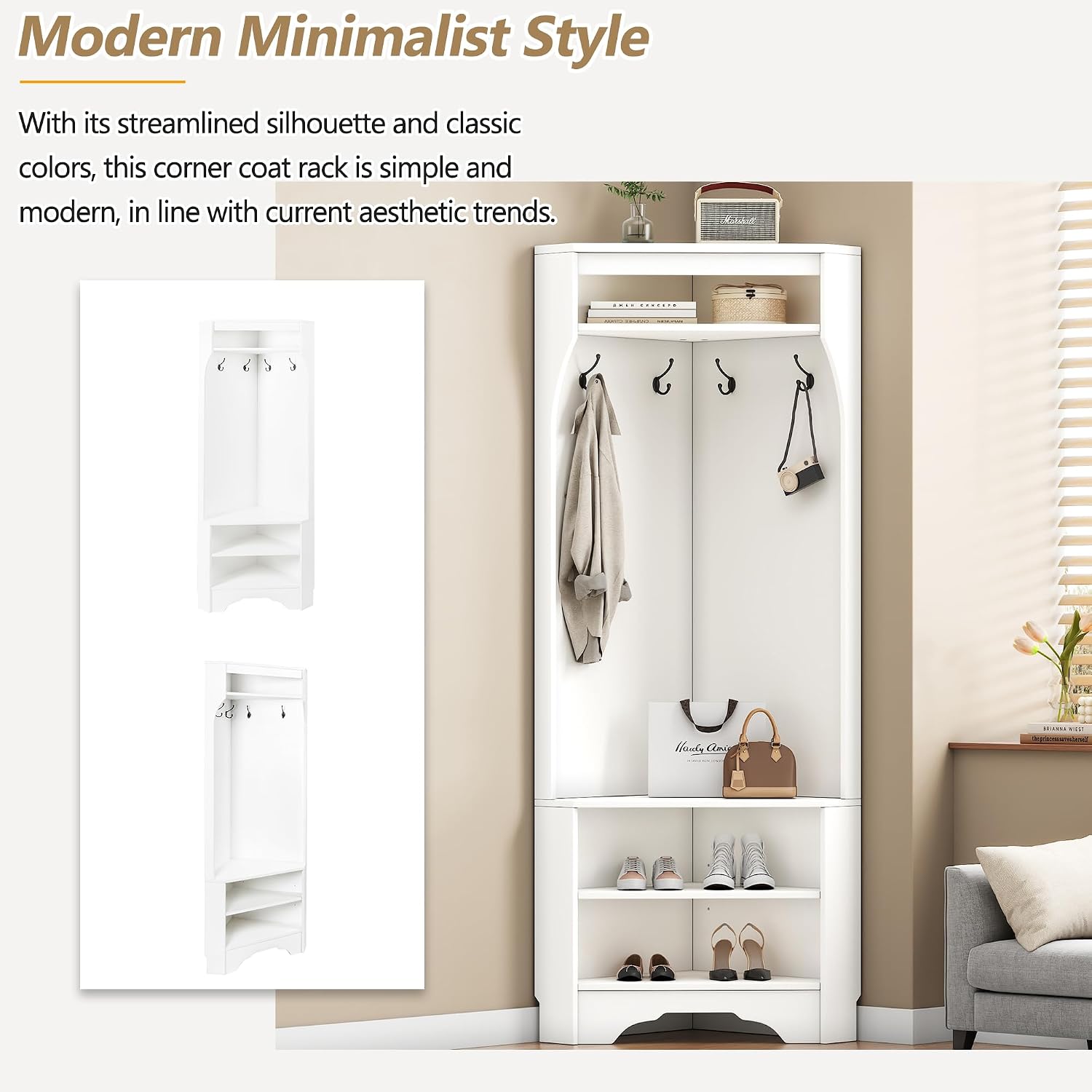 Corner Hall Tree, Versatile Wood Hall Tree with Shoe Bench & 4 Hooks, Modern Coat Rack Corner Cabinet with Adjustable Shelf for Hallway, Entryway, Bedroom,Living Room, White