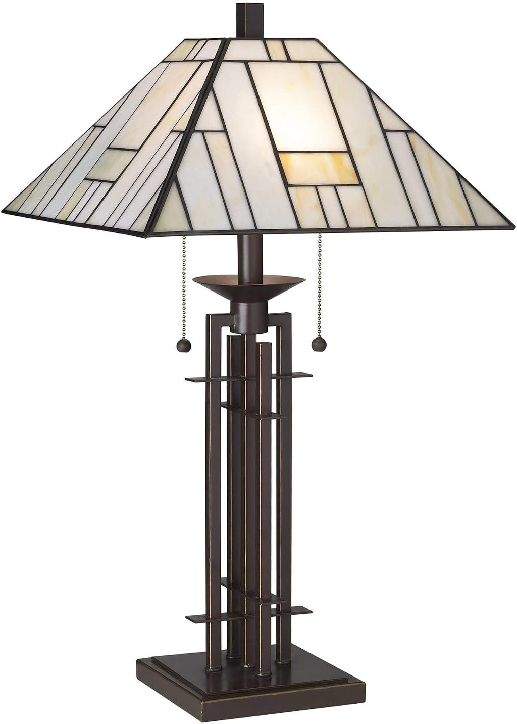 Franklin Iron Works Mission Tiffany Style Table Lamp Art Deco 26.25' High Wrought Iron Dark Bronze Brown Gold White Stained Glass Shade for Living Room Bedroom House Bedside Nightstand Home Office