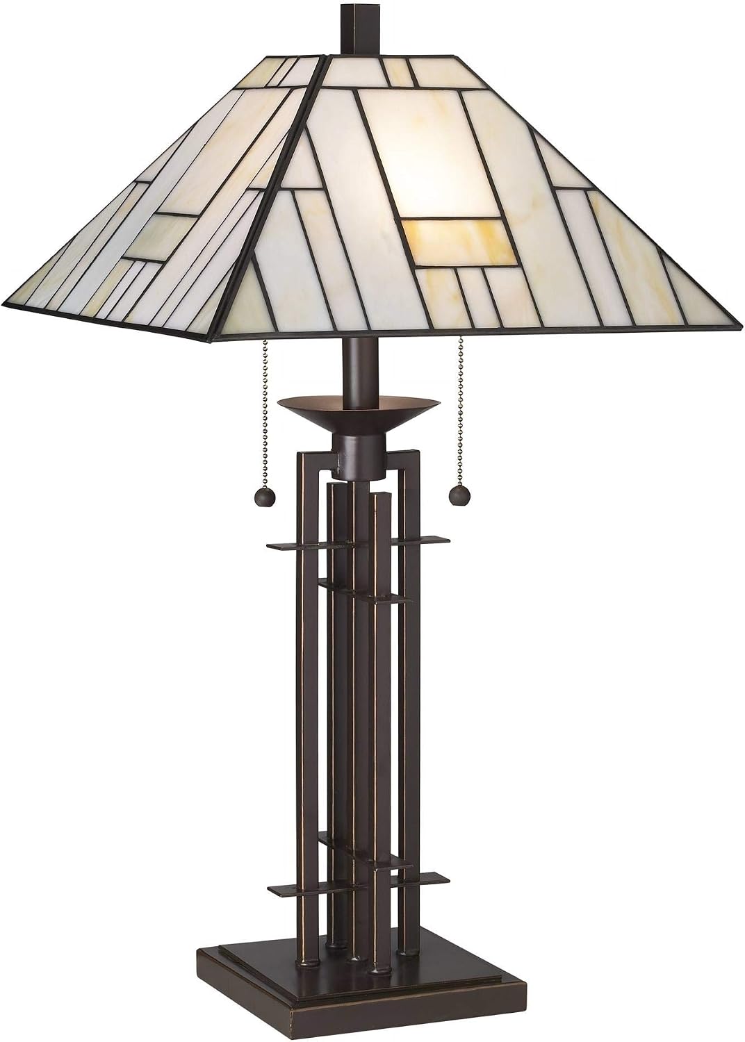 Franklin Iron Works Mission Tiffany Style Table Lamp Art Deco 26.25' High Wrought Iron Dark Bronze Brown Gold White Stained Glass Shade for Living Room Bedroom House Bedside Nightstand Home Office