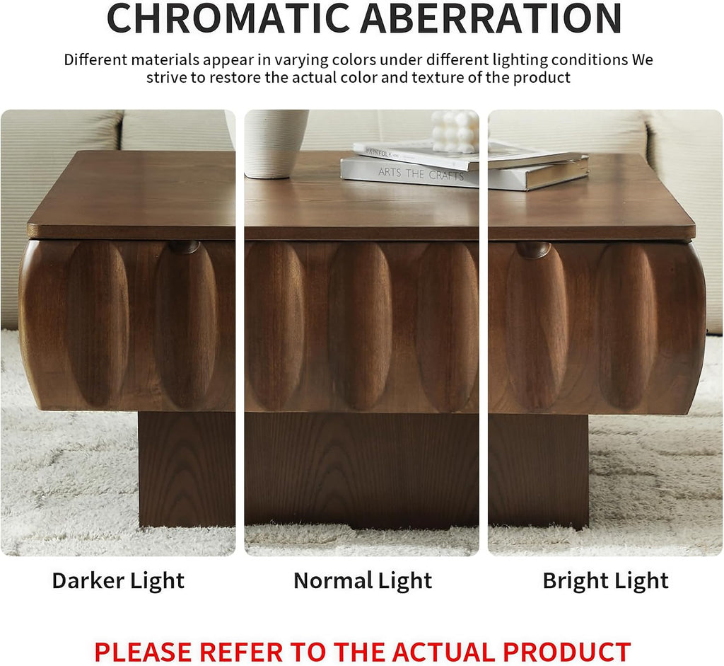 LKTART 31' Lift Top Coffee Table for Living Room, Fluted Coffee Table with Hidden Storage Compartment, Mid Century Modern Solid Wood Veneer Square Center Table for Office Apartment Small Space, Walnut