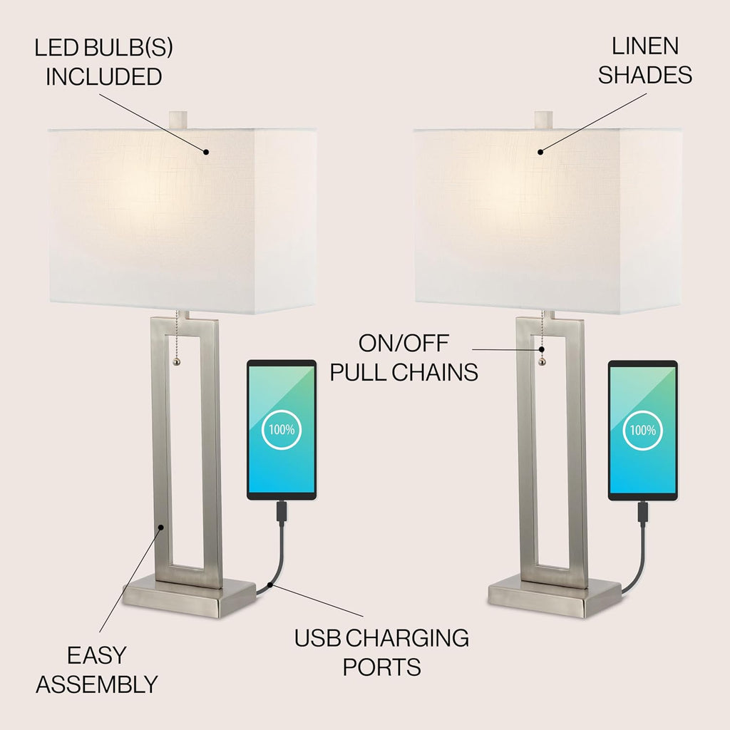 JONATHAN Y 28.5' Nickel Table Lamp Set of 2 with USB Port and Pull Chain, Modern Industrial Bedside Lamp for Living Room, Rectangular White Linen Shade, LED Bulb (JYL1126B-SET2)