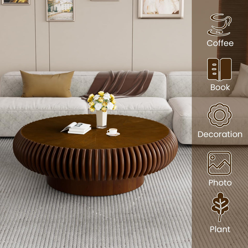 39.3' Drum Coffee Table Modern Unique Fluted Tea Table Contemporary Wood Round Coffee Table with Fluted Centry Table for Living Room Walnut (39.3' Walnut)