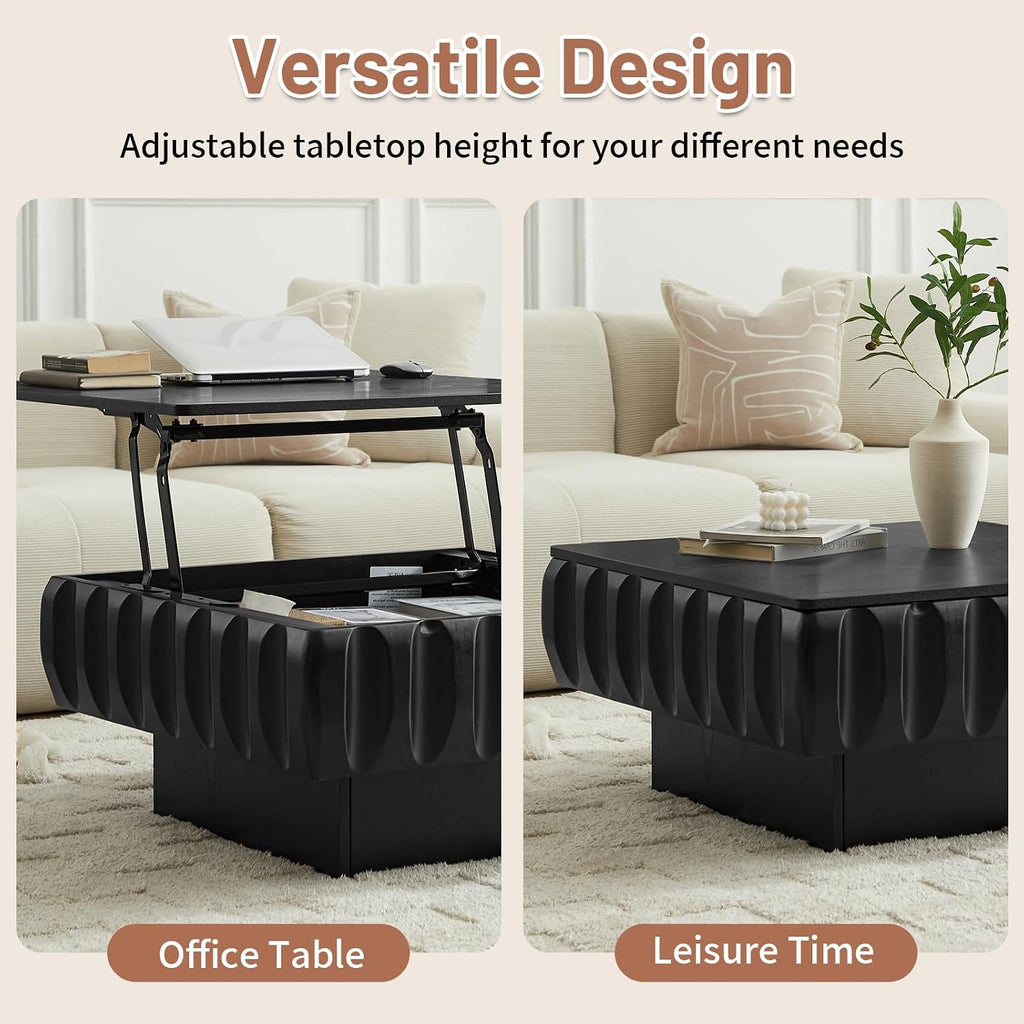 LKTART 31' Lift Top Coffee Table for Living Room, Fluted Coffee Table with Hidden Storage Compartment, Mid Century Modern Solid Wood Veneer Square Center Table for Office Apartment Small Space, Black