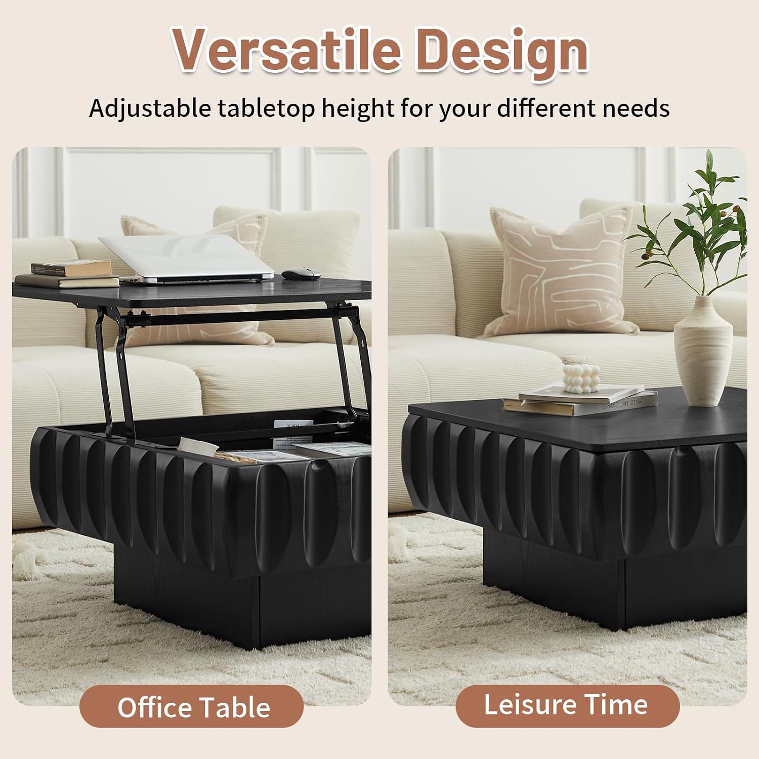 LKTART 31' Lift Top Coffee Table for Living Room, Fluted Coffee Table with Hidden Storage Compartment, Mid Century Modern Solid Wood Veneer Square Center Table for Office Apartment Small Space, Black
