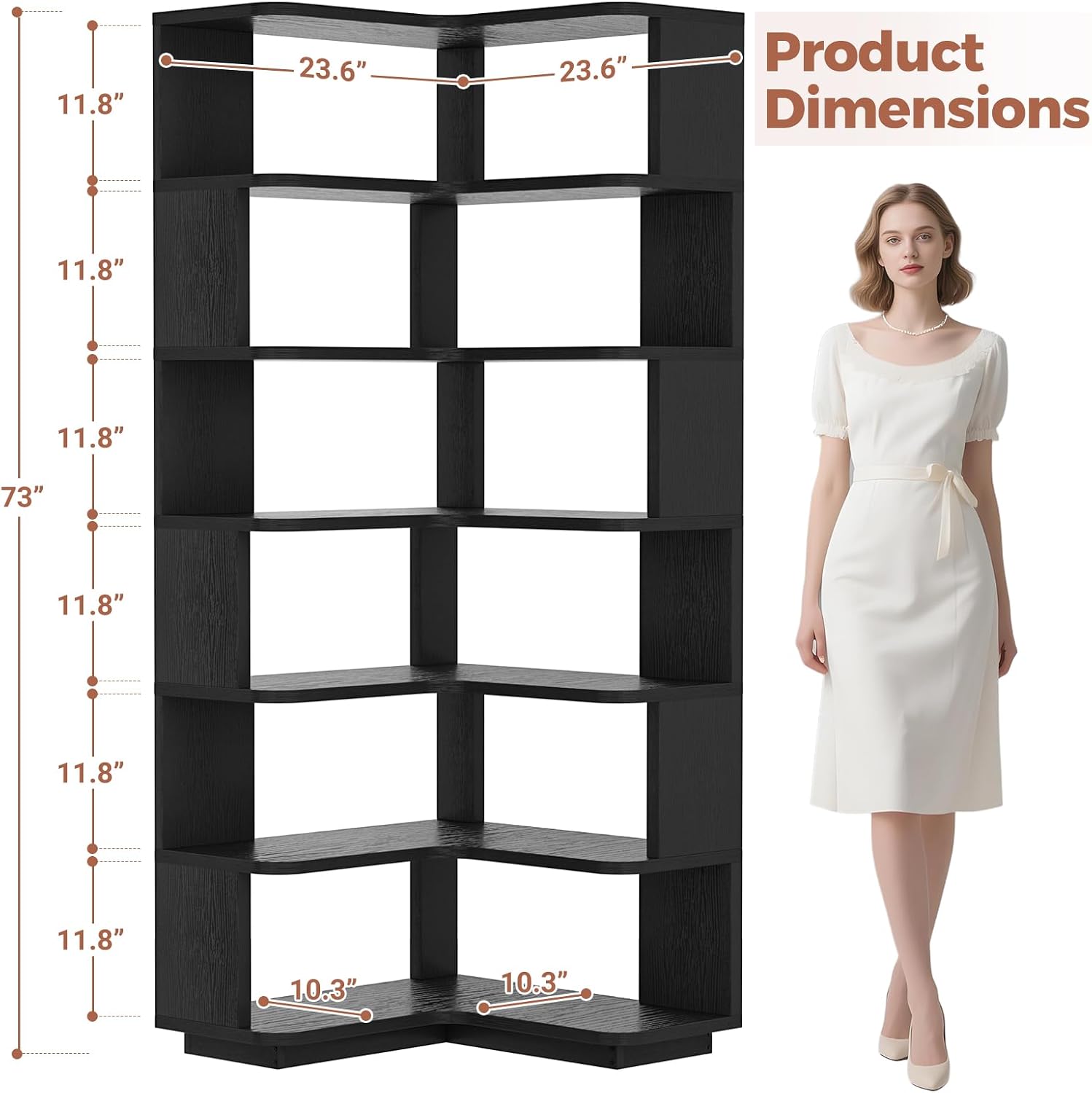 Besiost Corner Book Shelf, 7-Shelf Corner Bookshelf for Small Corner Spaces, L-Shape Bookcase Corner Display Shelf for Home Office, Living Room, Bedroom, Kitchen Pantry, Black