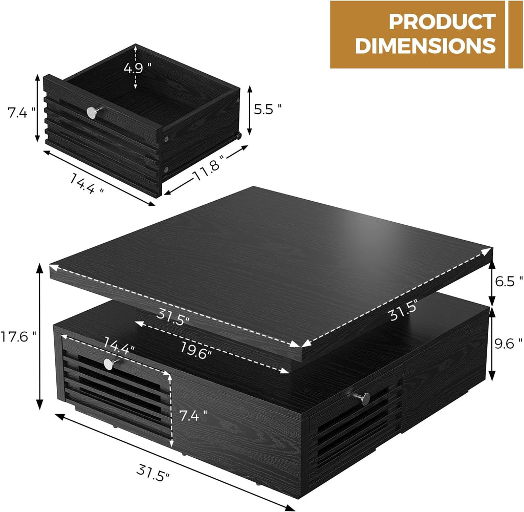 IRONCK Mid Century Modern Coffee Table with LED Lights & Charging Station, 4 Storage Drawers with Grille Design, Square Wood Coffee Table for Living Room Office, (Black)