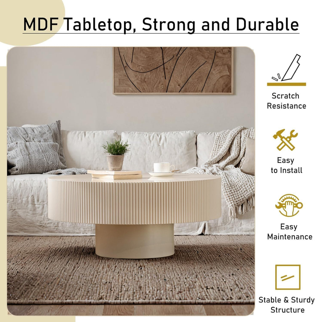 Round Fluted Coffee Table Mid Century Modern Coffee Tables with Handcrafted Relief Circle Drum End Table Rustic Industrial Center Tables for Apartment Living Room (White Round Thick)