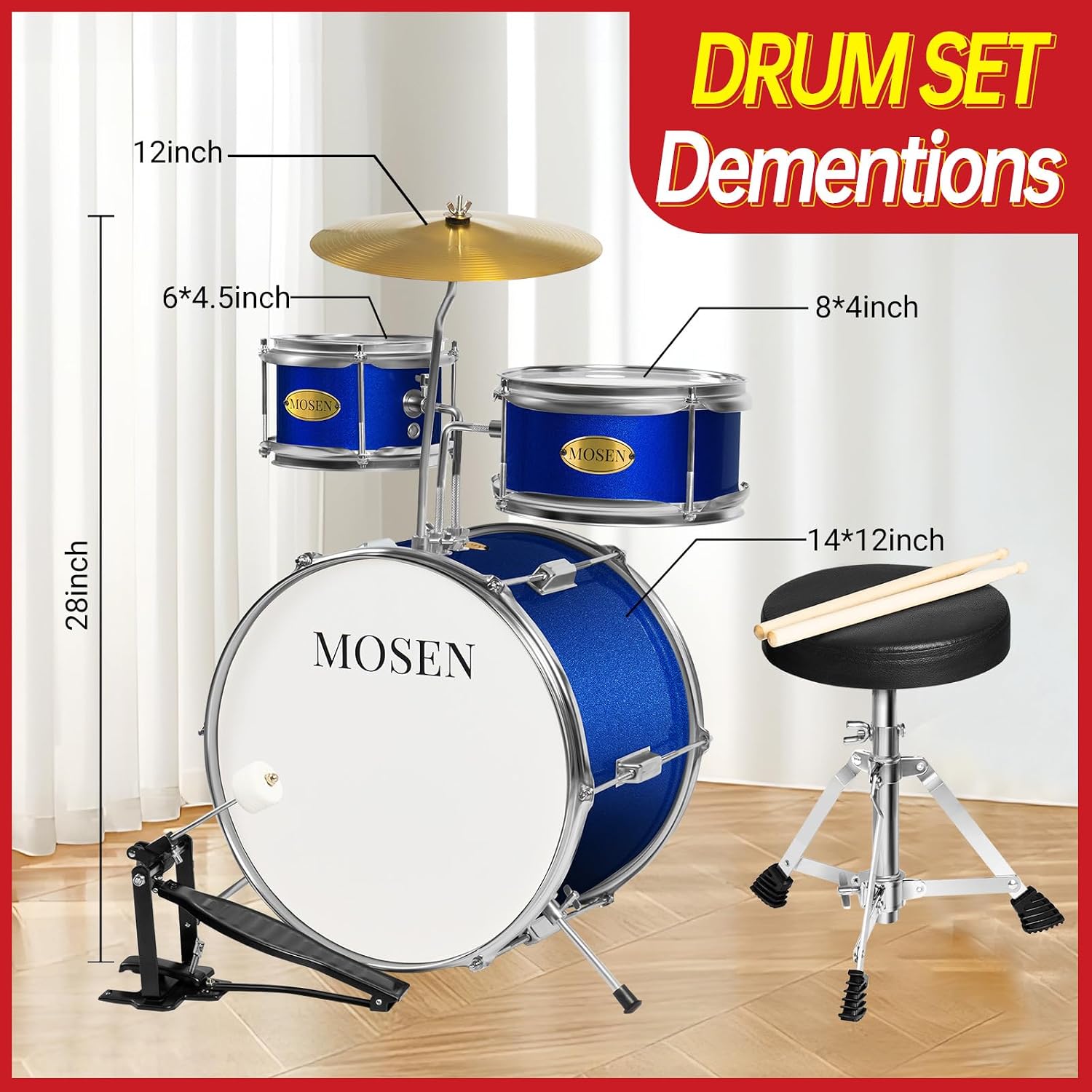MOSEN Drum Set for Kids, 3-Piece Beginner Drum Kit with 14' Bass Drum, Tom Snare Drums, Adjustable Throne, Cymbal, Pedal & Drumsticks, Drums for Junior Kids Ages 5-9 - Blue