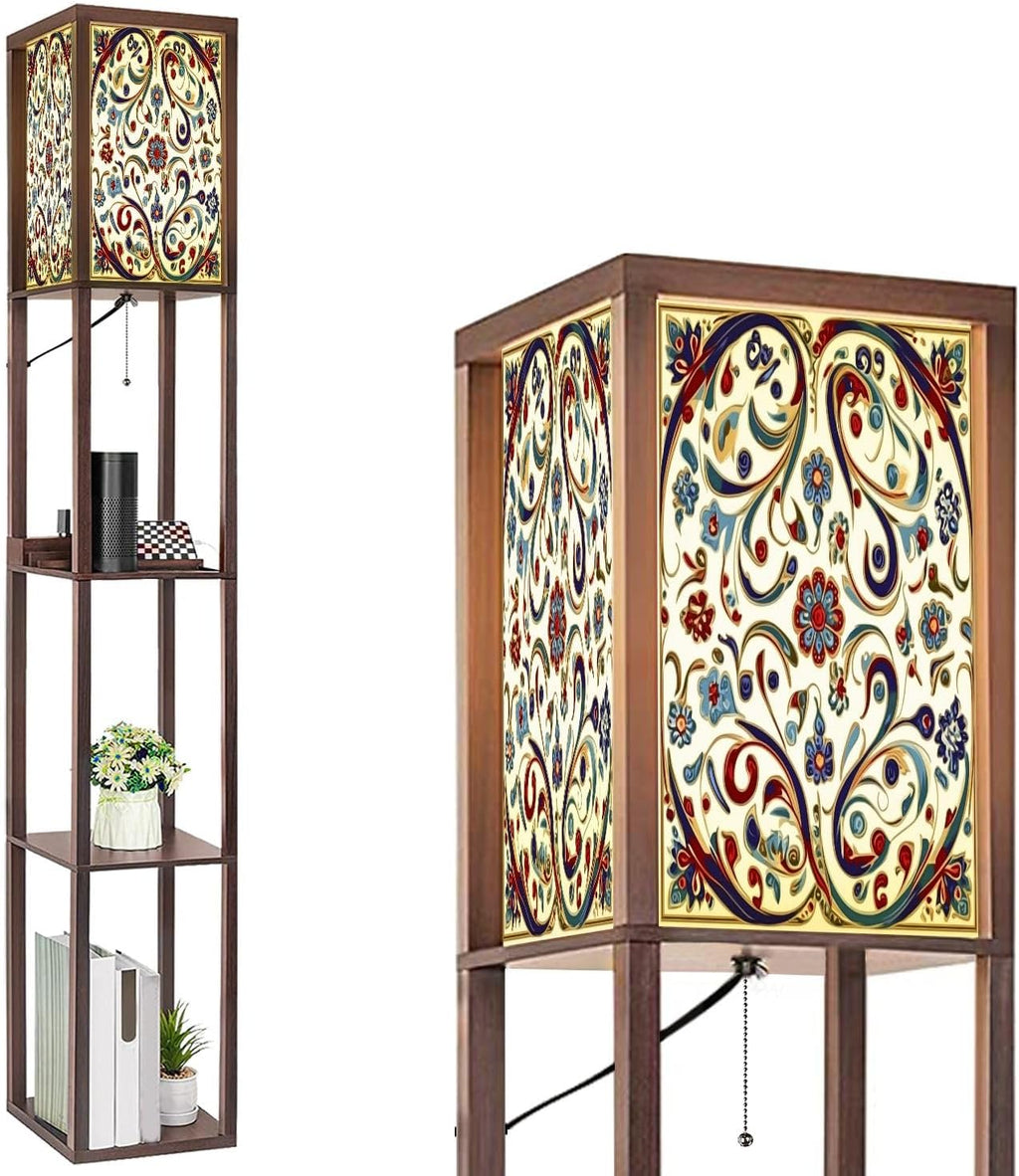 Floor Lamp with Shelves Red Blue Green Turkish Seamless Pattern Luxury Floral Ornament Standing Tall Lamp USB Ports & Power Outlet Modern Corner Lamp Nightstand Light for Living Room Bedroom