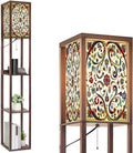 Floor Lamp with Shelves Red Blue Green Turkish Seamless Pattern Luxury Floral Ornament Standing Tall Lamp USB Ports & Power Outlet Modern Corner Lamp Nightstand Light for Living Room Bedroom