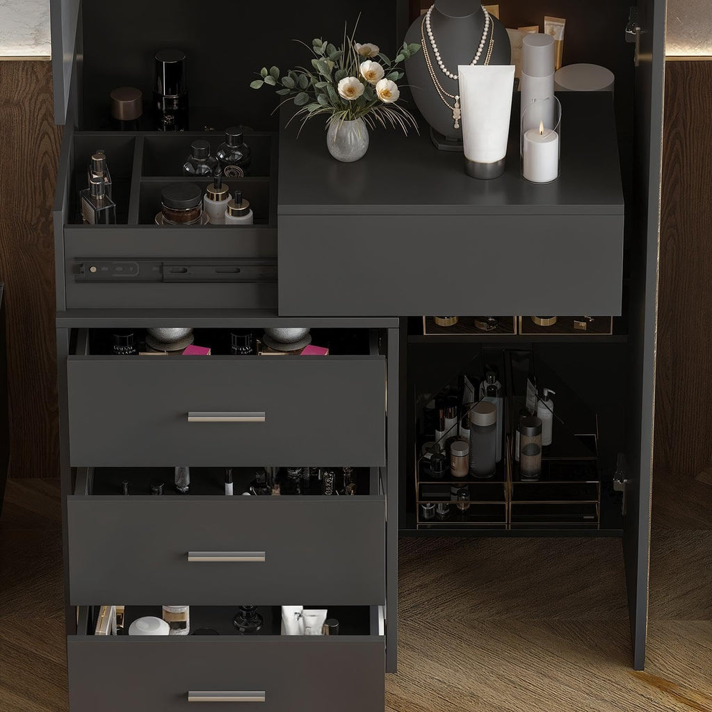 Vanity Desk with Mirror and Lights, Makeup Vanity with Drawers and Hidden Shelves, Full Length LED Mirror, Bedroom Dressing Table with Sliding Top, Grid Drawer, Black, 19.7'D x 31.5'W x 63'H