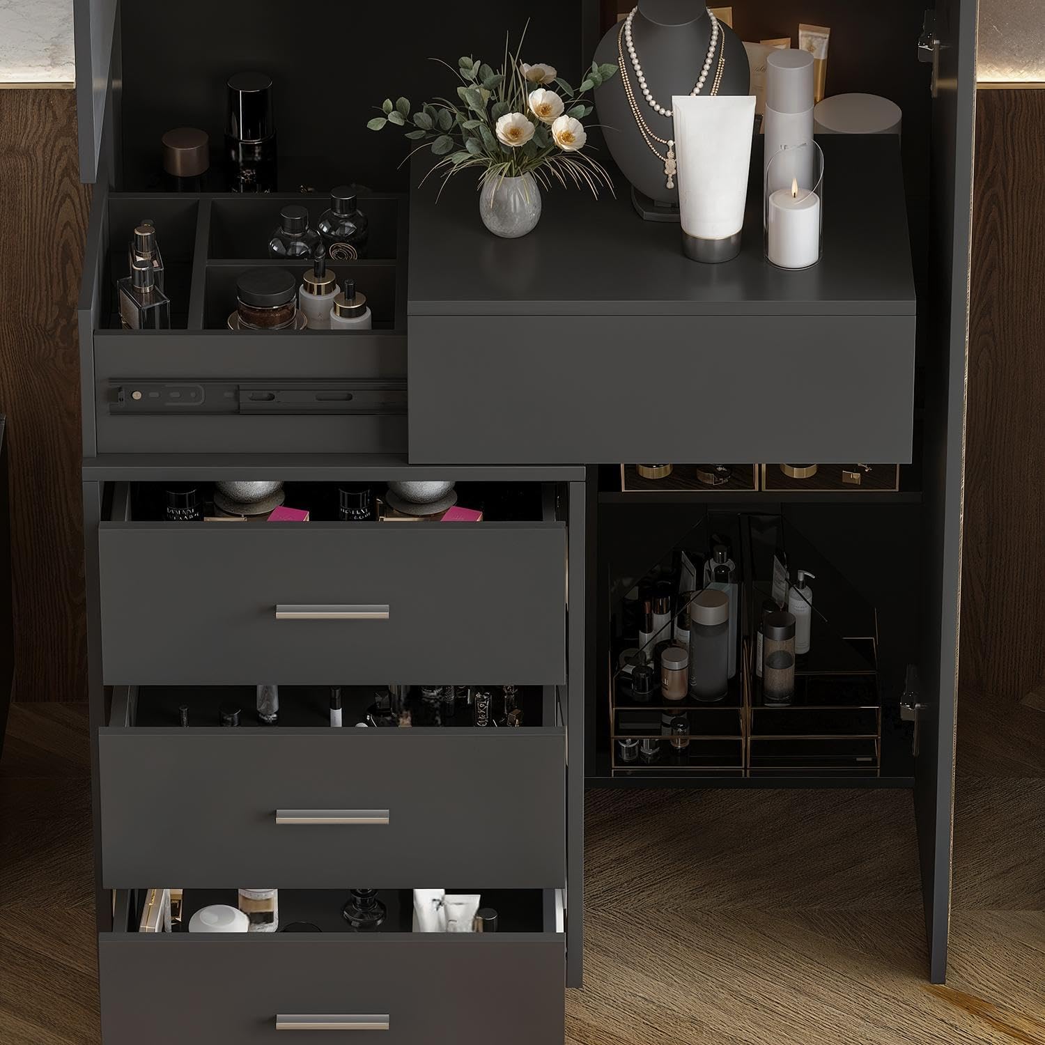 Vanity Desk with Mirror and Lights, Makeup Vanity with Drawers and Hidden Shelves, Full Length LED Mirror, Bedroom Dressing Table with Sliding Top, Grid Drawer, Black, 19.7'D x 31.5'W x 63'H