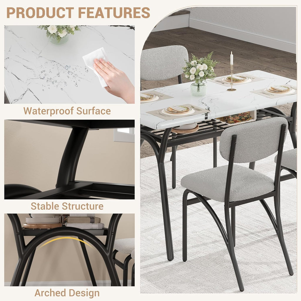 5-Piece Dining Table Set for 4, Modern Kitchen Table with 4 Boucle Chairs, Rectangular Dining Table with Storage Shelf & Marble Tabletop, Beige Home Dining Furniture for Small Space, Black+Beige