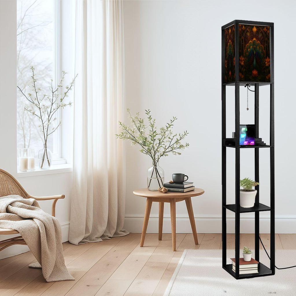Floor Lamp with Shelves Asymmetrical Peacock Stained Glass Art Geometric Feather Design Standing Tall Lamp USB Ports & Power Outlet Modern Corner Lamp Nightstand Light for Living Room Bedroom