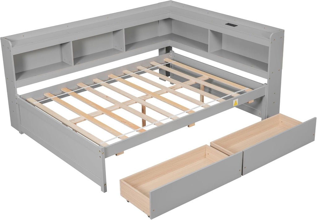 JIJIWANG Full Size Daybed with Storage Drawers and Shelves,Wood Corner Bed with USB Charging Ports and Power Outlets,L-Shaped and Bookcase,for Living Room,Bedroom,Grey