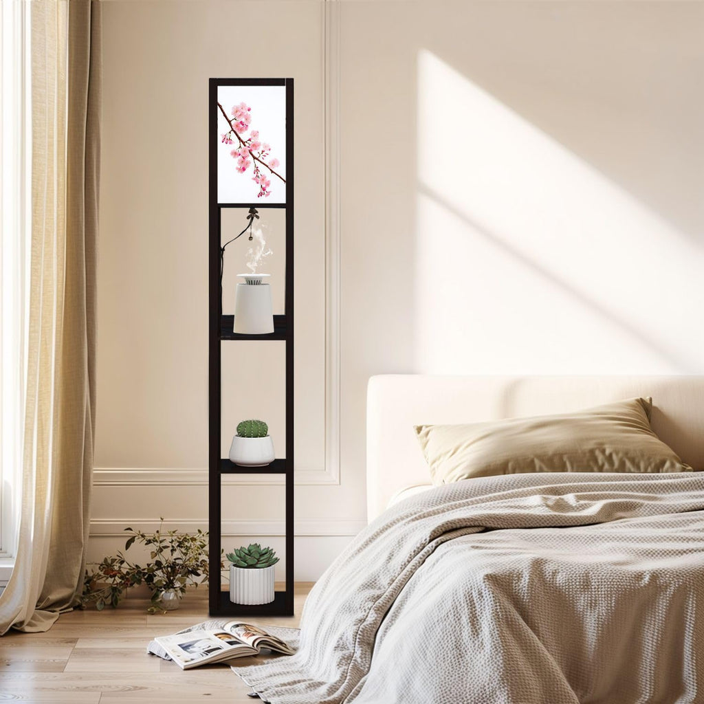 Floor Lamp with Shelves Pink Cherry Blossoms White Standing Tall Lamp USB Ports & Power Outlet Modern Corner Lamp Nightstand Light for Living Room Bedroom
