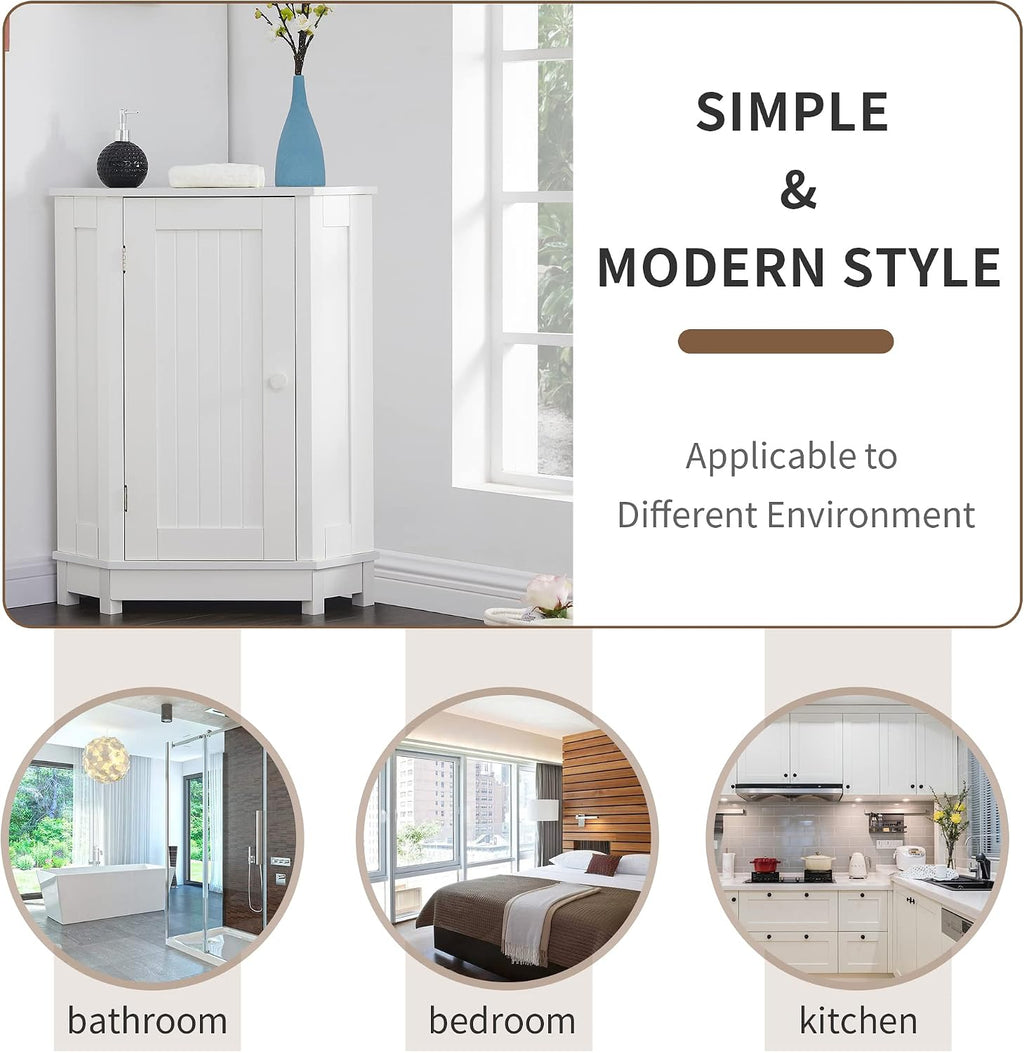Home Corner Storage Cabinet, Bathroom Triangle Floor Cabinet, Wood Freestanding Corner Cabinet with Single Door and Shelves (White)